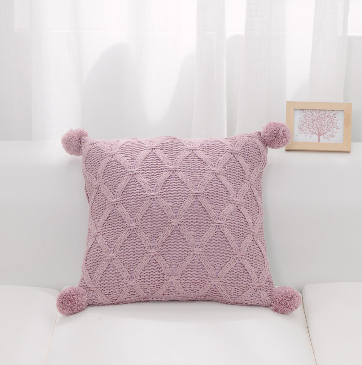 Pink Diamond Pattern Knit With Matching Pom Poms And Feather Down Insert Pillow