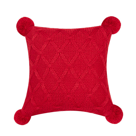 Red Diamond Pattern Knit With Matching Pom Poms And Feather Down Insert Pillow