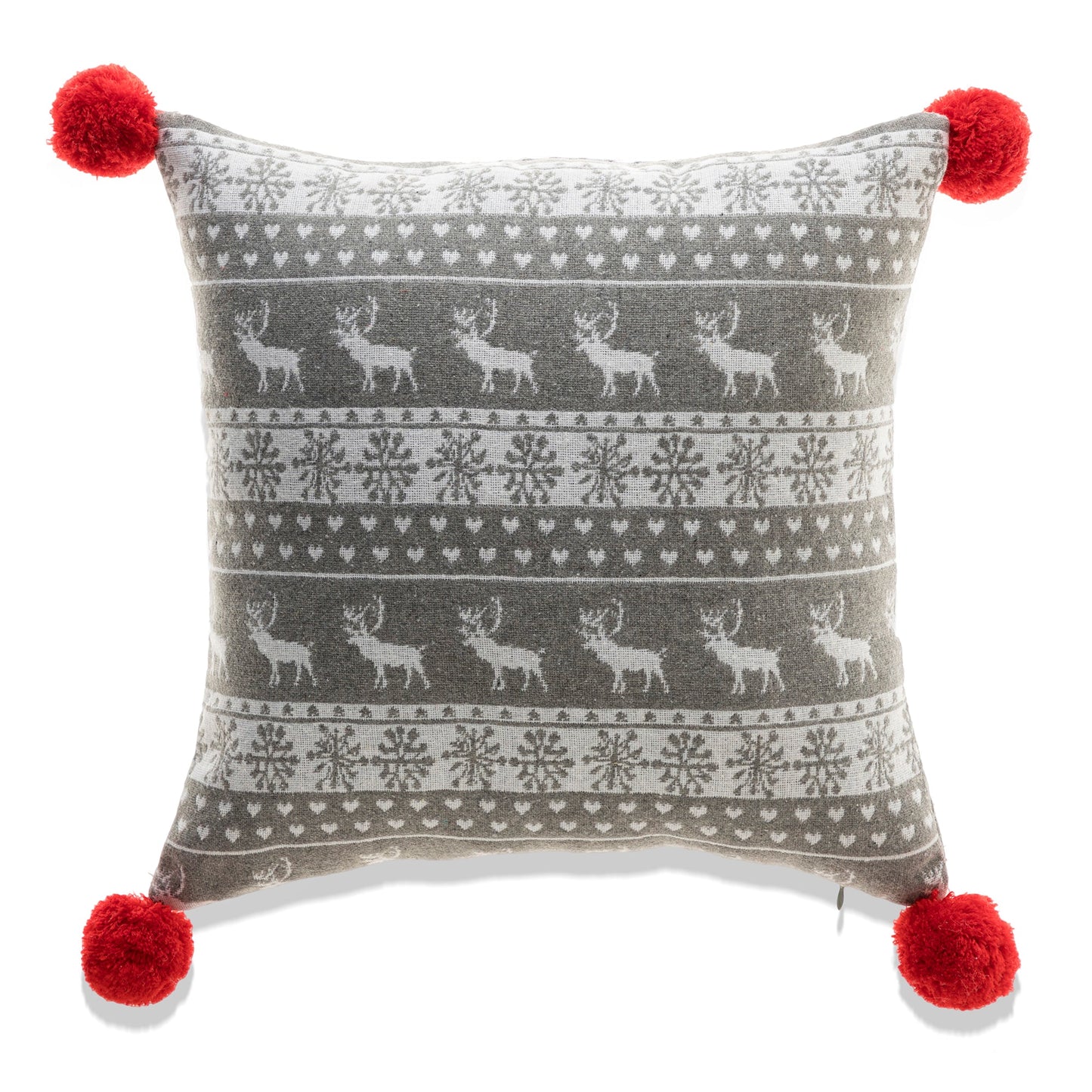 Gray And White Reindeer And Snowflakes Pattern With Red Pom Poms And Featherdown Insert Pillow