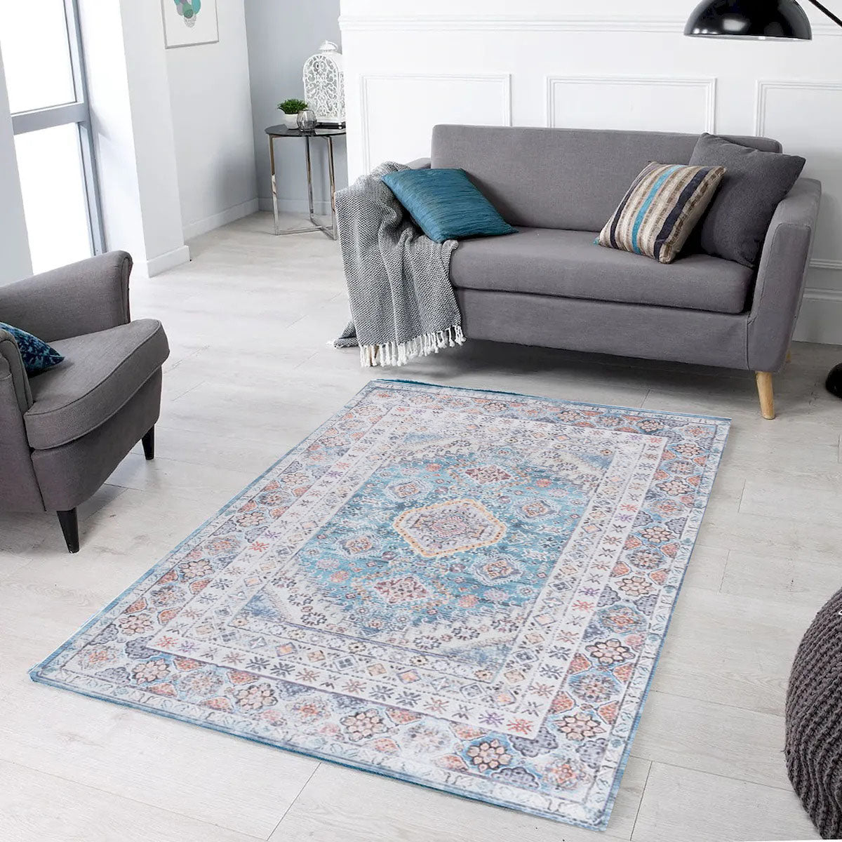 Sparx Distressed Blue Washable Transitional Rug