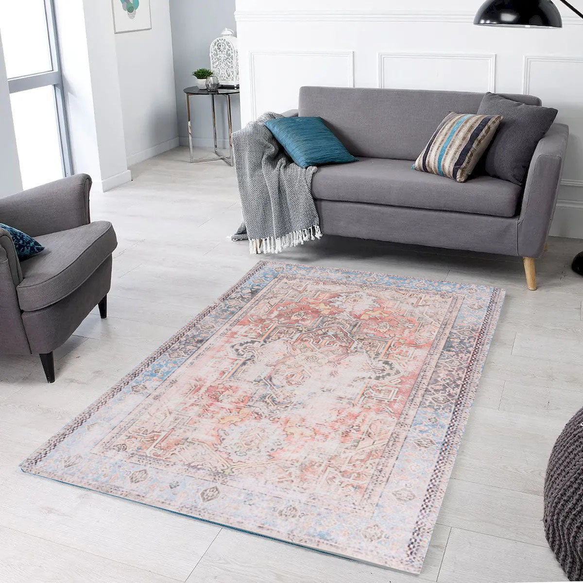 Sparx Distressed Blue And Orange Washable Transitional Rug