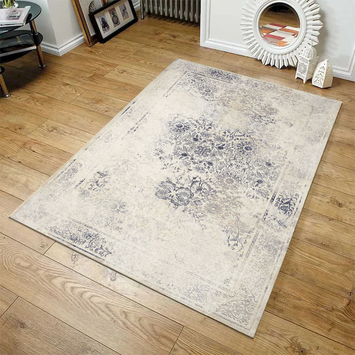 Sparx Distressed Navy Blue, Beige & Gray Washable Transitional Rug