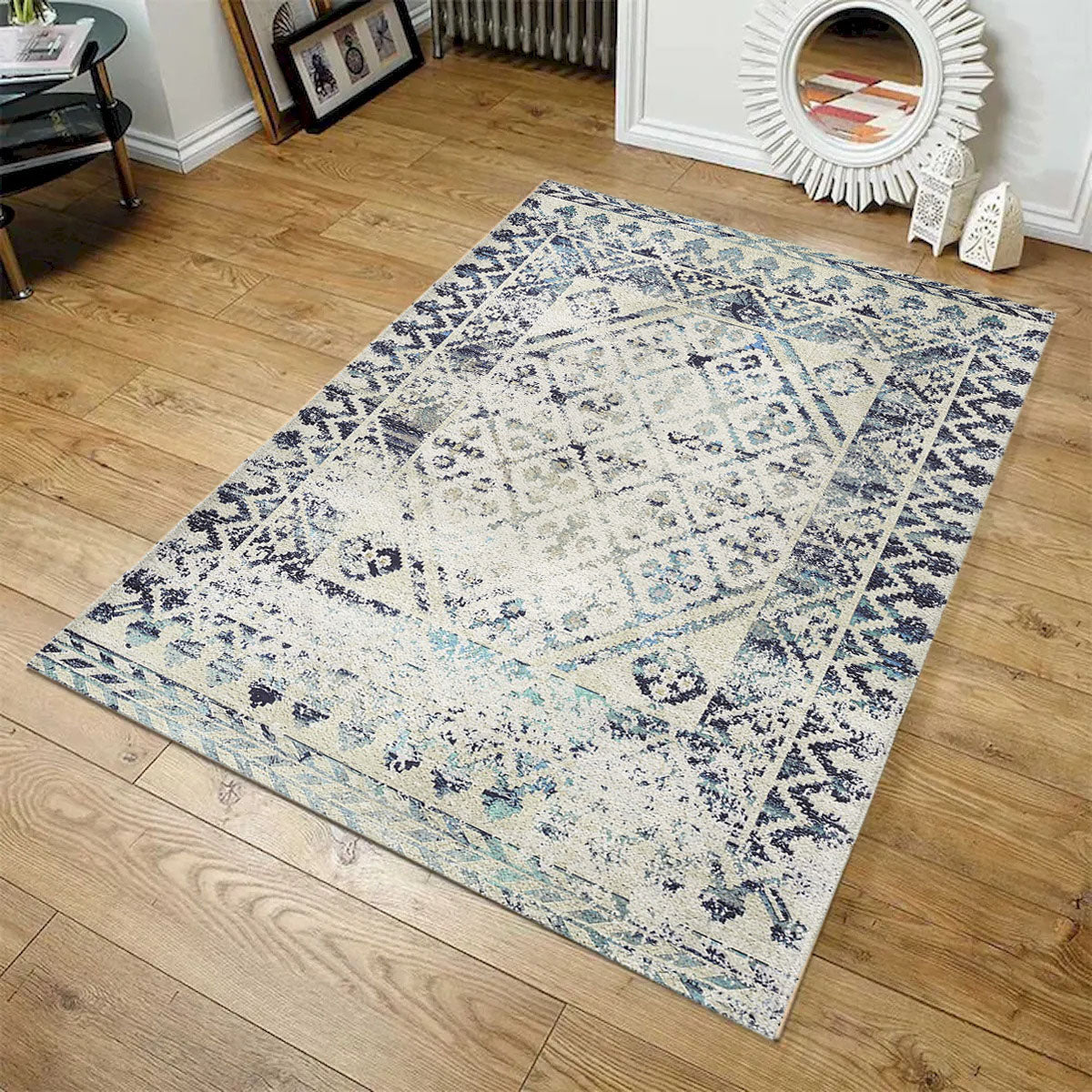 Sparx Medallion Blue Distressed Washable Modern Rug