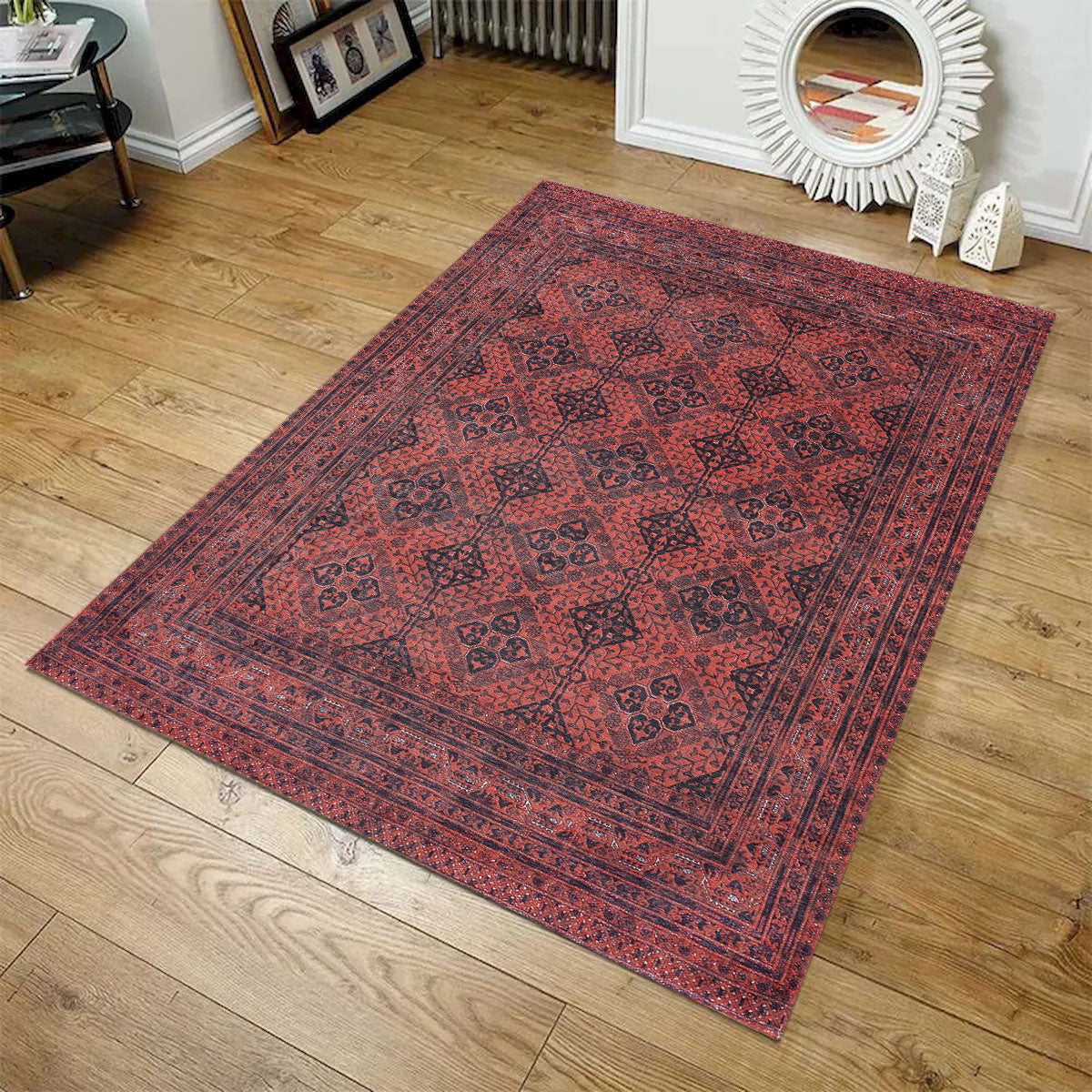 Sparx Medallion Distressed Red Washable Modern Rug