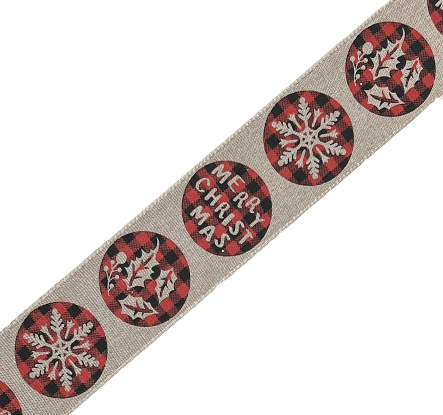 1.5" X 10Yards - Patterned Plaid Christmas Balls On Natural Color Ribbon