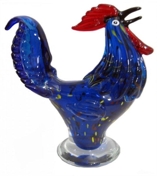 Blue With Red Comb Glass Rooster On A Clear Base Figurine