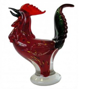 Red Glass Rooster On Glass Base Figurine