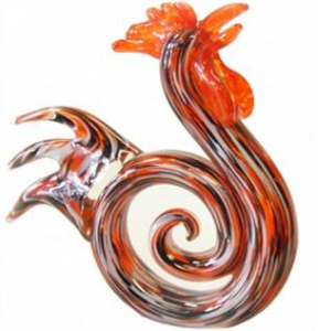 Red,Cream And Black Swirl Glass Rooster Figurine