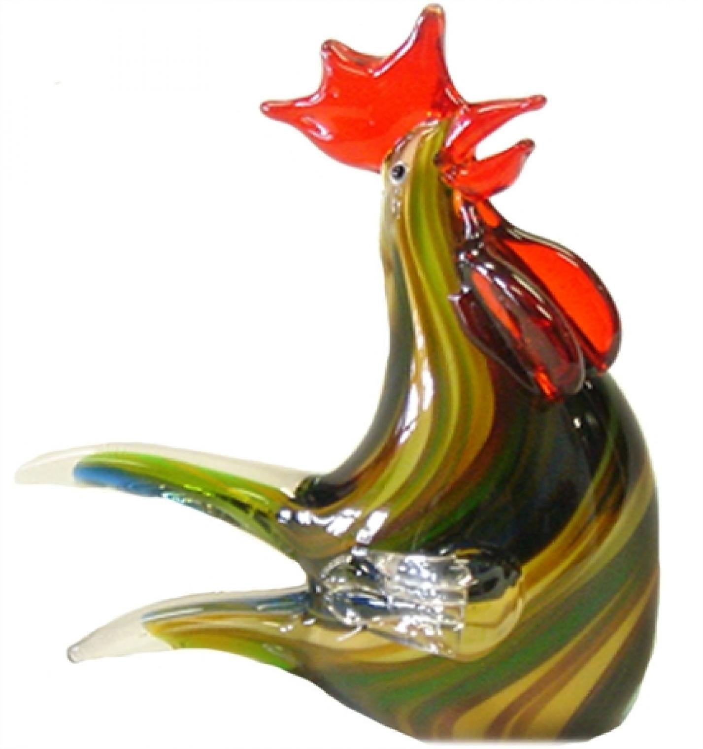 Brown,Green And Yellow Stripes Glass Rooster Figurine