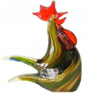 Brown,Green And Yellow Stripes Glass Rooster Figurine