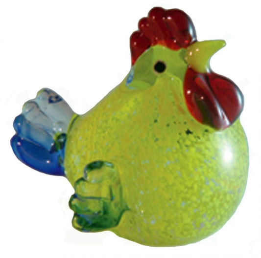 Yellow With Blue And White Tail Feathers Glass Rooster Paperweight