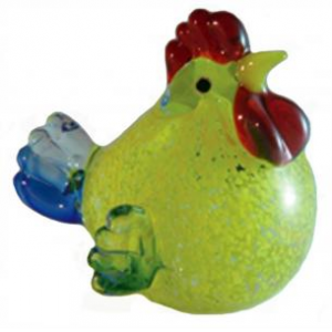 Yellow With Blue And White Tail Feathers Glass Rooster Paperweight