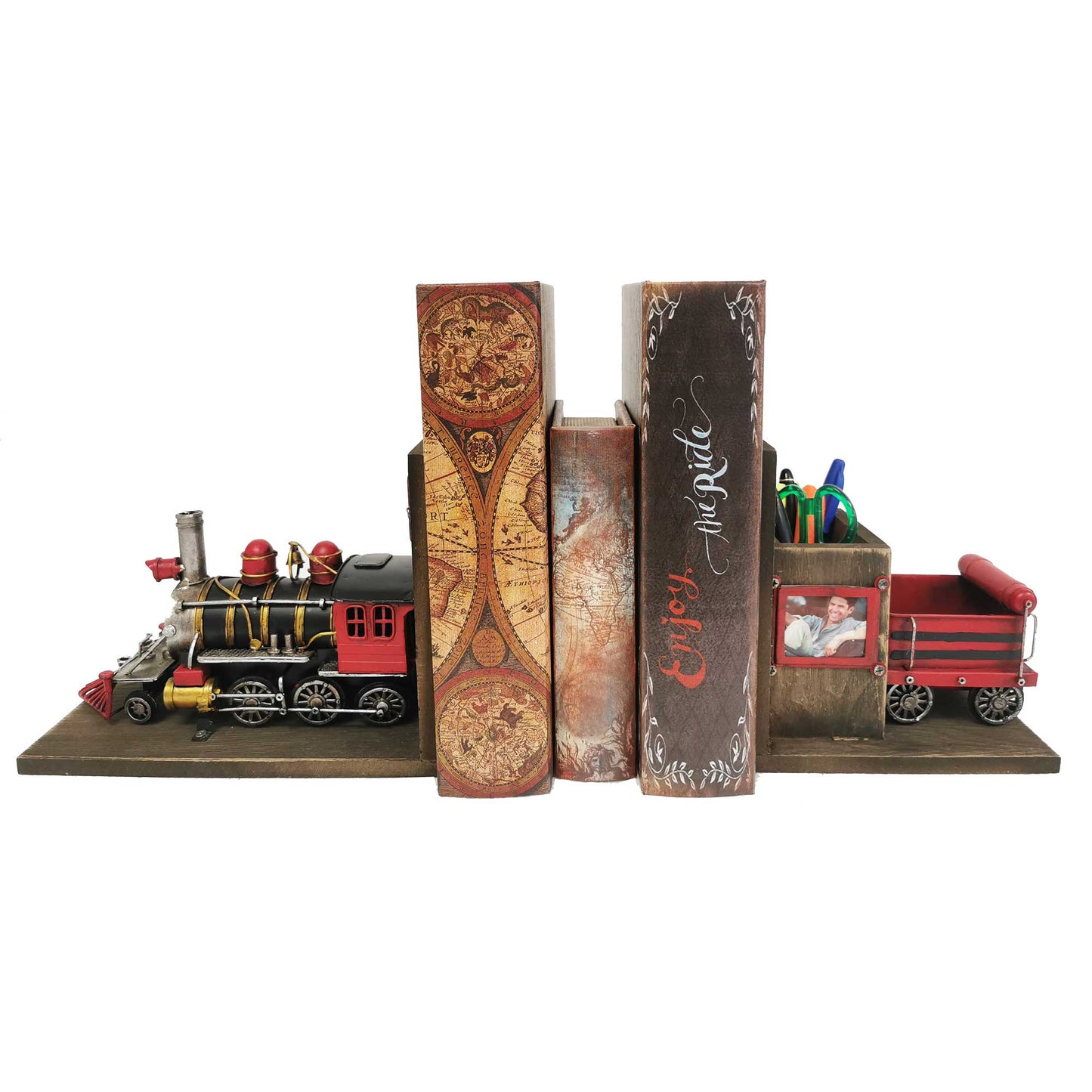 Train Engine With Pen Holder And Cargo Car Bookends