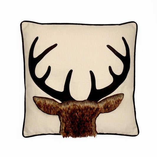 Brown Faux Fur Deer Head With Antlers And Feather Down Insert Pillow