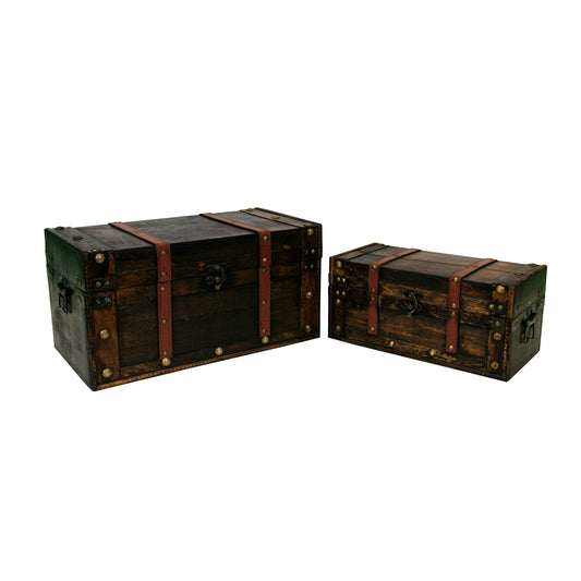 Set Of 2 Steamer Trunk Look With Straps And Metal Accents Decorative Boxes
