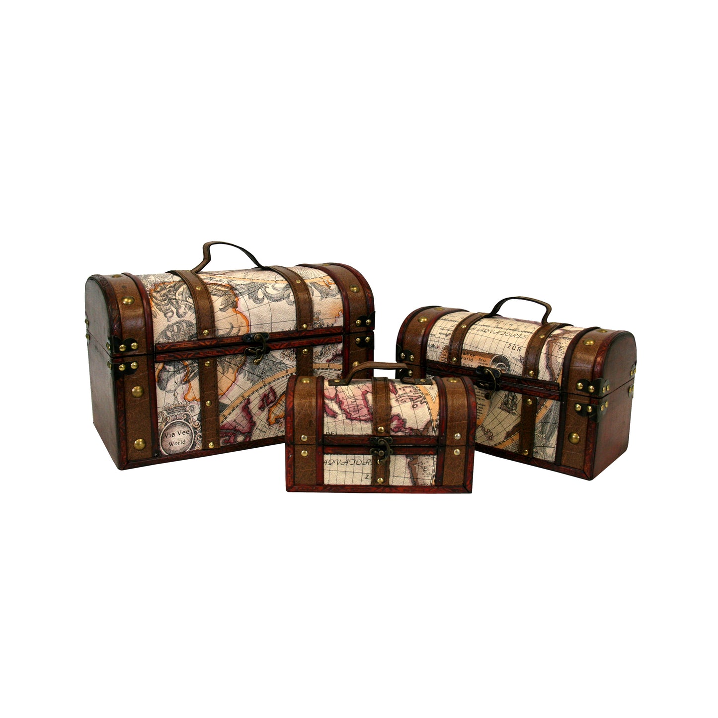 Set Of 3 World Map Patterned With Straps And Handles Decorative Boxes