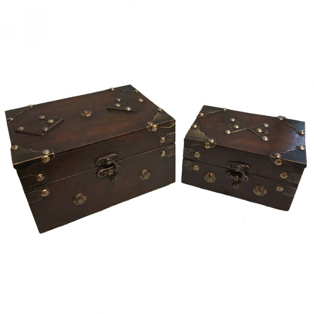 Set Of 2 Dark Brown With Metal Medallions On Flat Tops Decorative Boxes