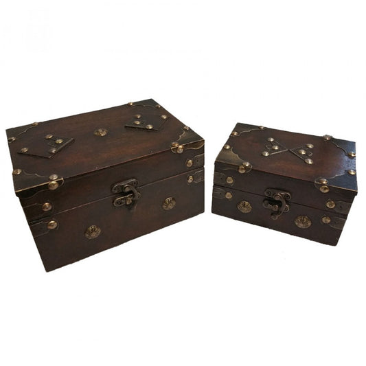 Set Of 2 Dark Brown With Metal Medallions On Flat Tops Decorative Boxes