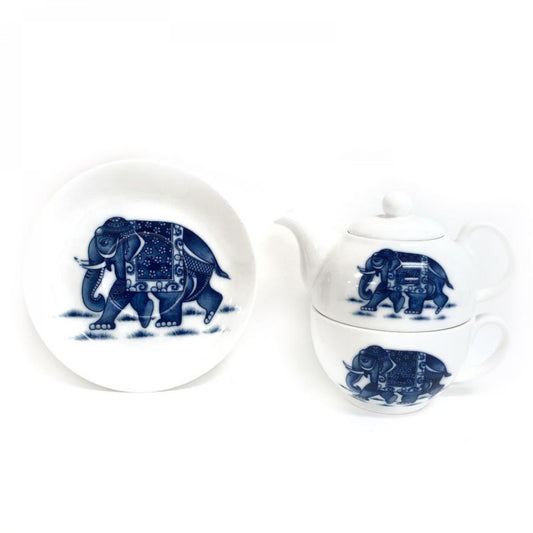 Tea For One- Includes Elephant Printed Nested Mug, Saucer And Teapot Tea Set