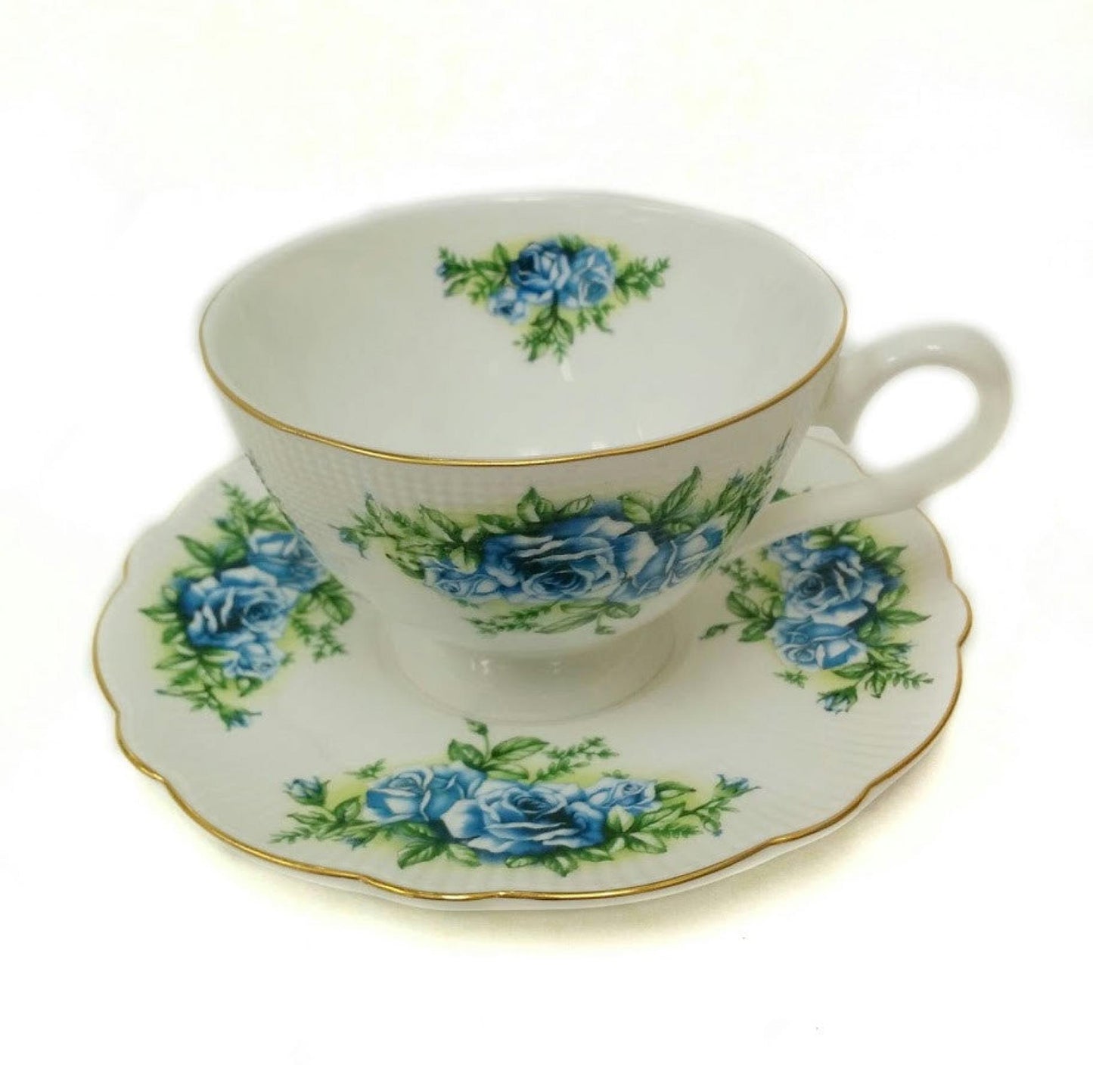 Set Of 6 Blue Country Rose Pattern Cup & Saucer