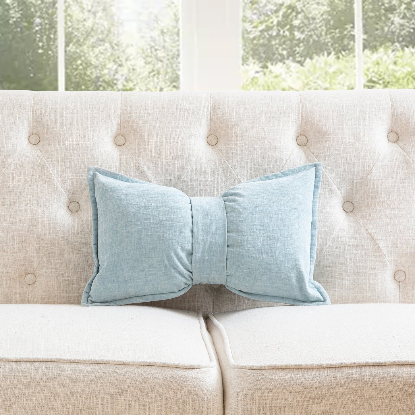 Sea Blue Chenille With Belt And Feather Down Insert Pillow