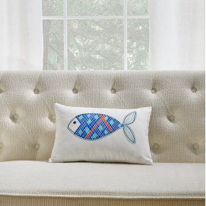 White With Blue And Orange Fish And Feather Down Insert Pillow