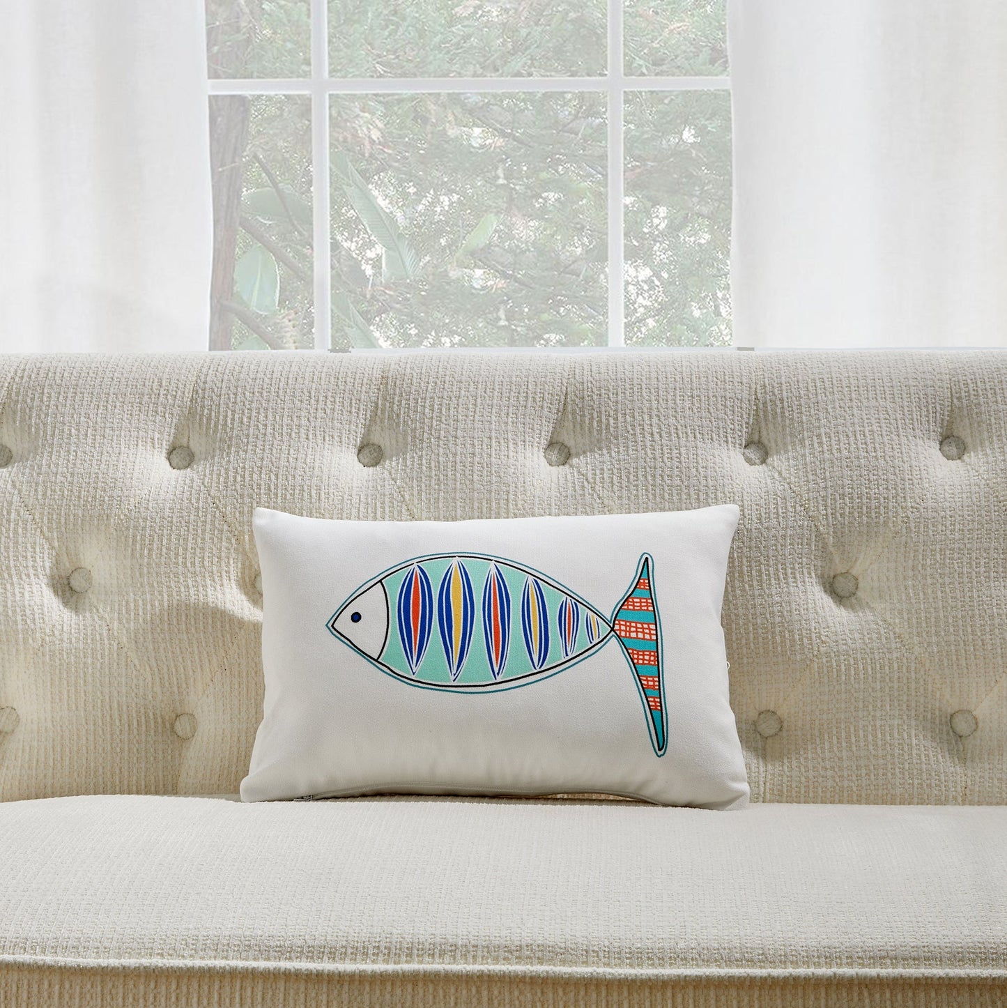 White With Multi Color Fish And Feather Down Insert Pillow