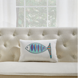 White With Multi Color Fish And Feather Down Insert Pillow