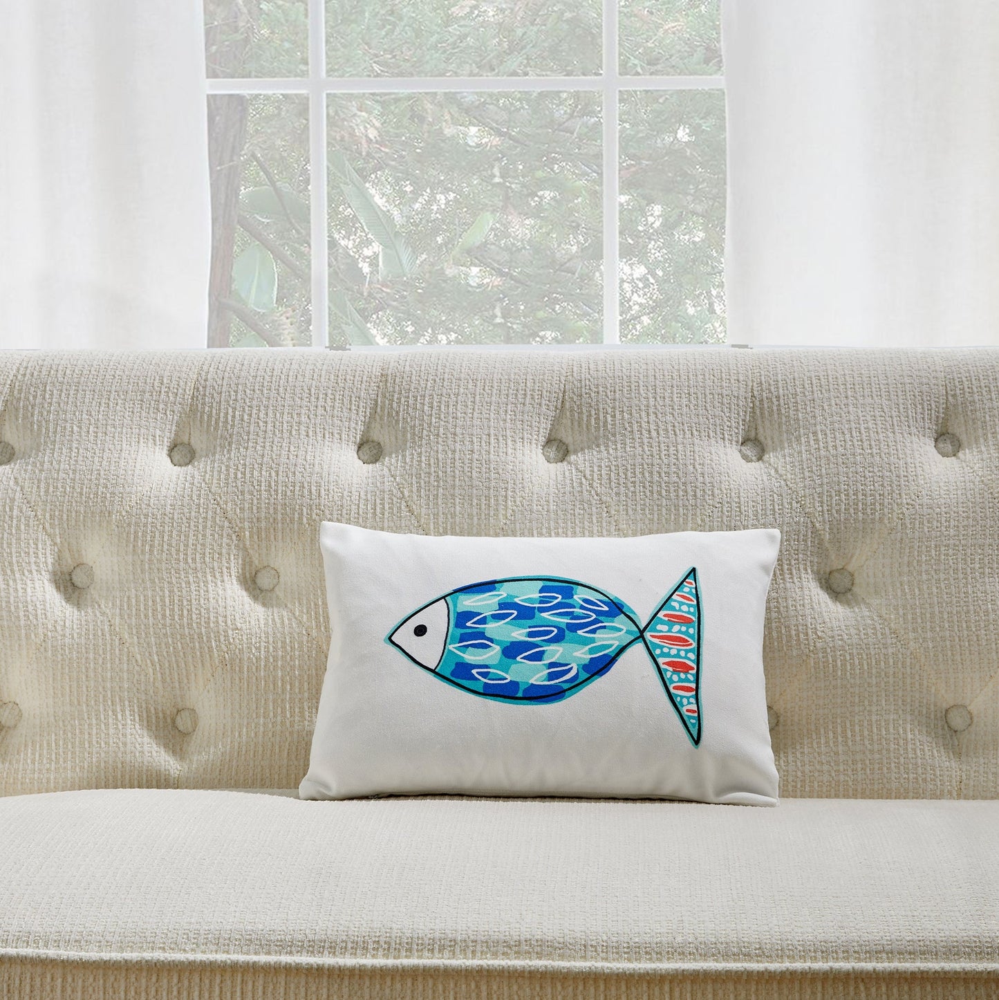 Blue And Green Fish Print With Feather Down Insert Pillow