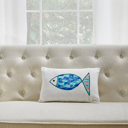 Blue And Green Fish Print With Feather Down Insert Pillow