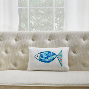 Blue And Green Fish Print With Feather Down Insert Pillow