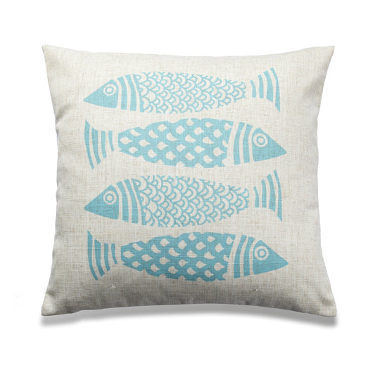 4 Blue Fish Print With Feather Insert Pillow