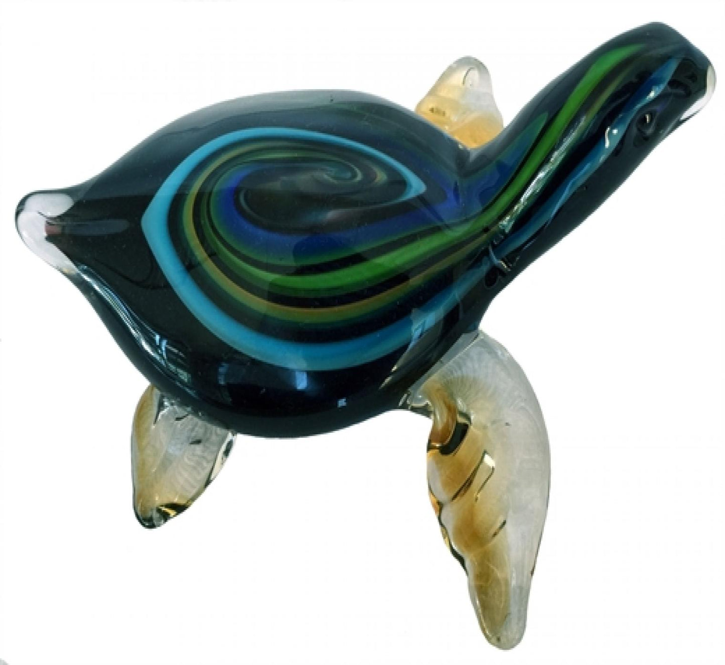 Blue And Green Swirled Shell Swimming Turtle Glass Figurine