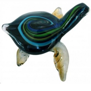 Blue And Green Swirled Shell Swimming Turtle Glass Figurine