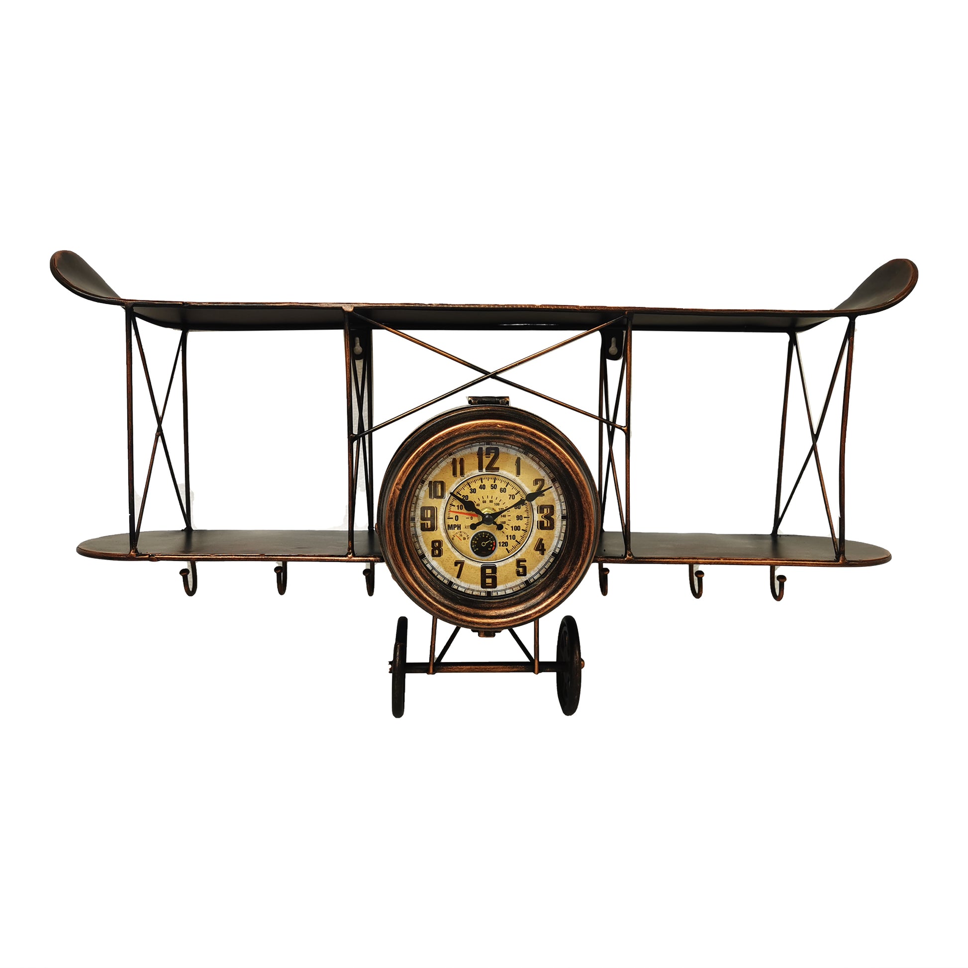 Distressed Look Vintage Biplane With Wings Shelf With Hooks Wall Clock