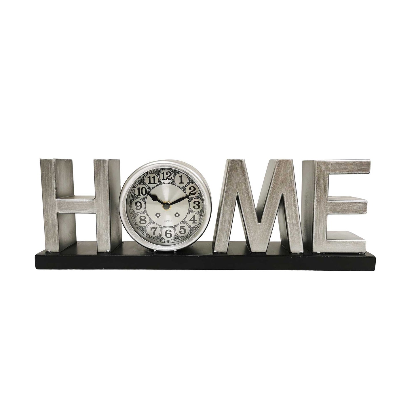 Metallic Silver Home On A Black Base Table Clock