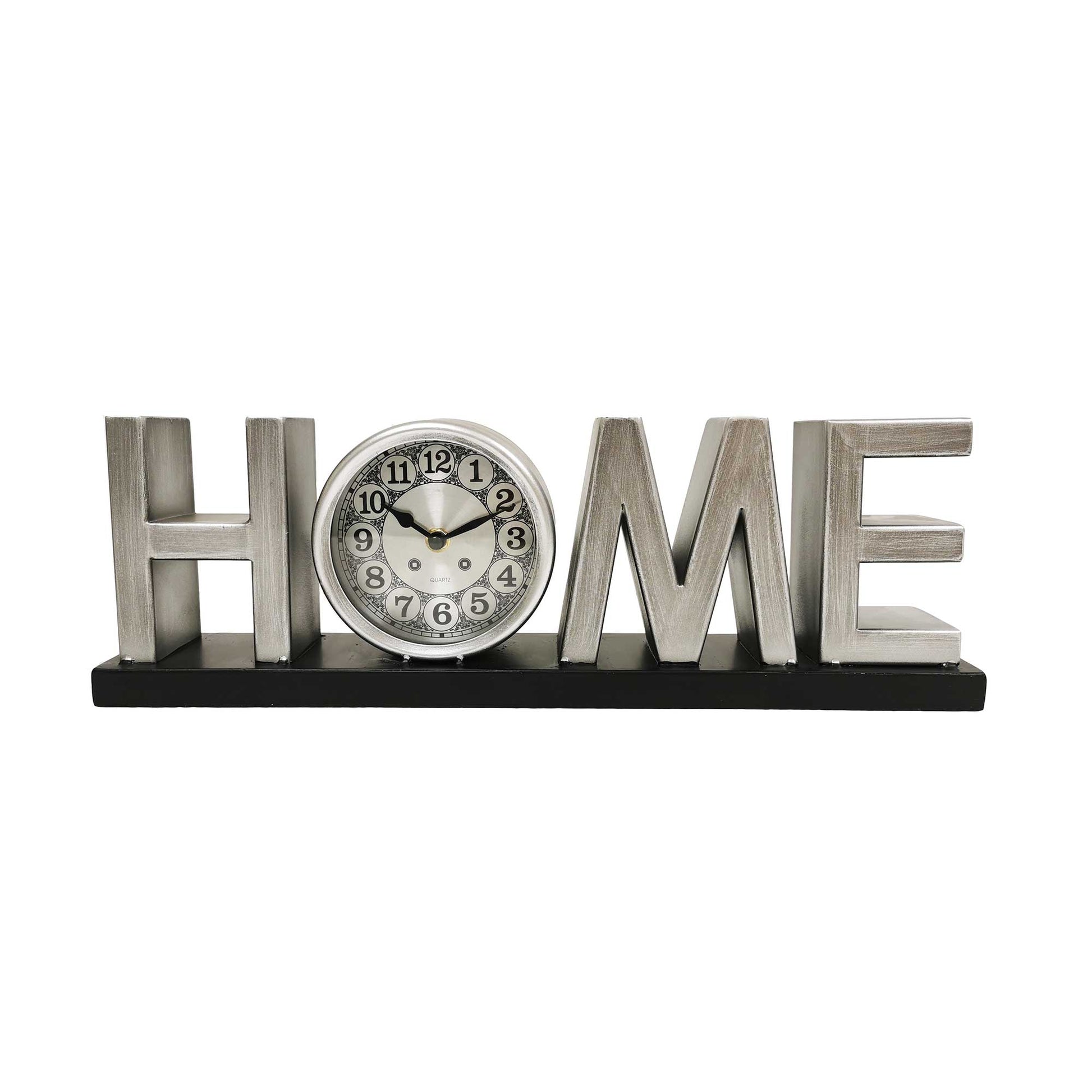 Metallic Silver Home On A Black Base Table Clock