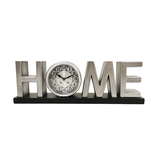Metallic Silver Home On A Black Base Table Clock