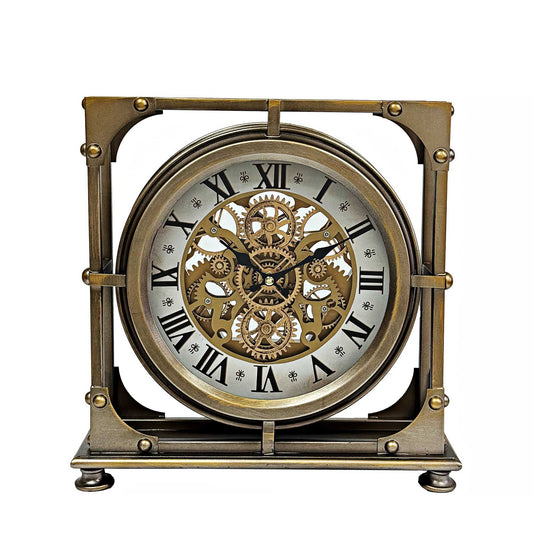 Distressed Bronze With Exposed Moving Gears Table Clock