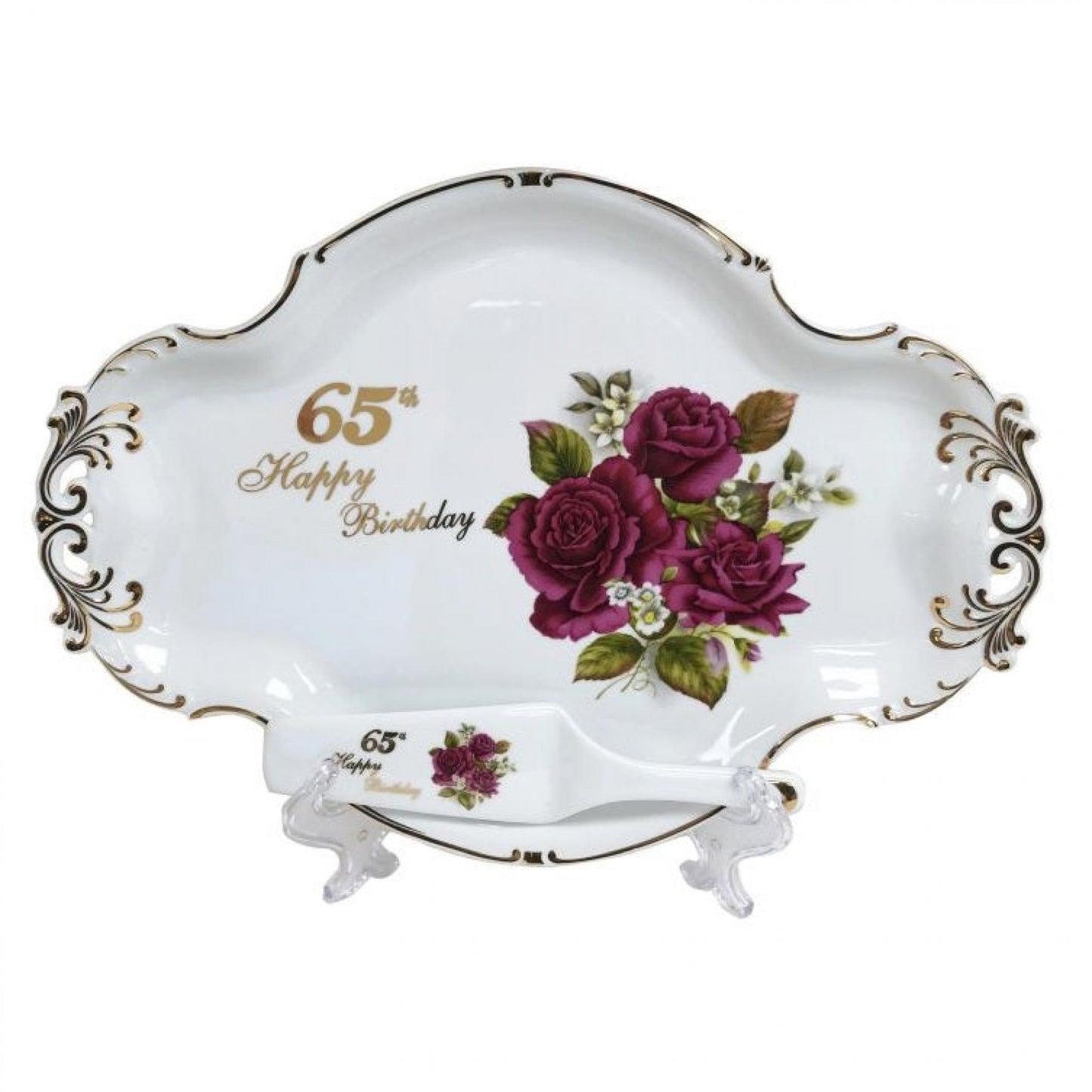 65Th Happy Birthday With Red Roses Server And Cake Tray