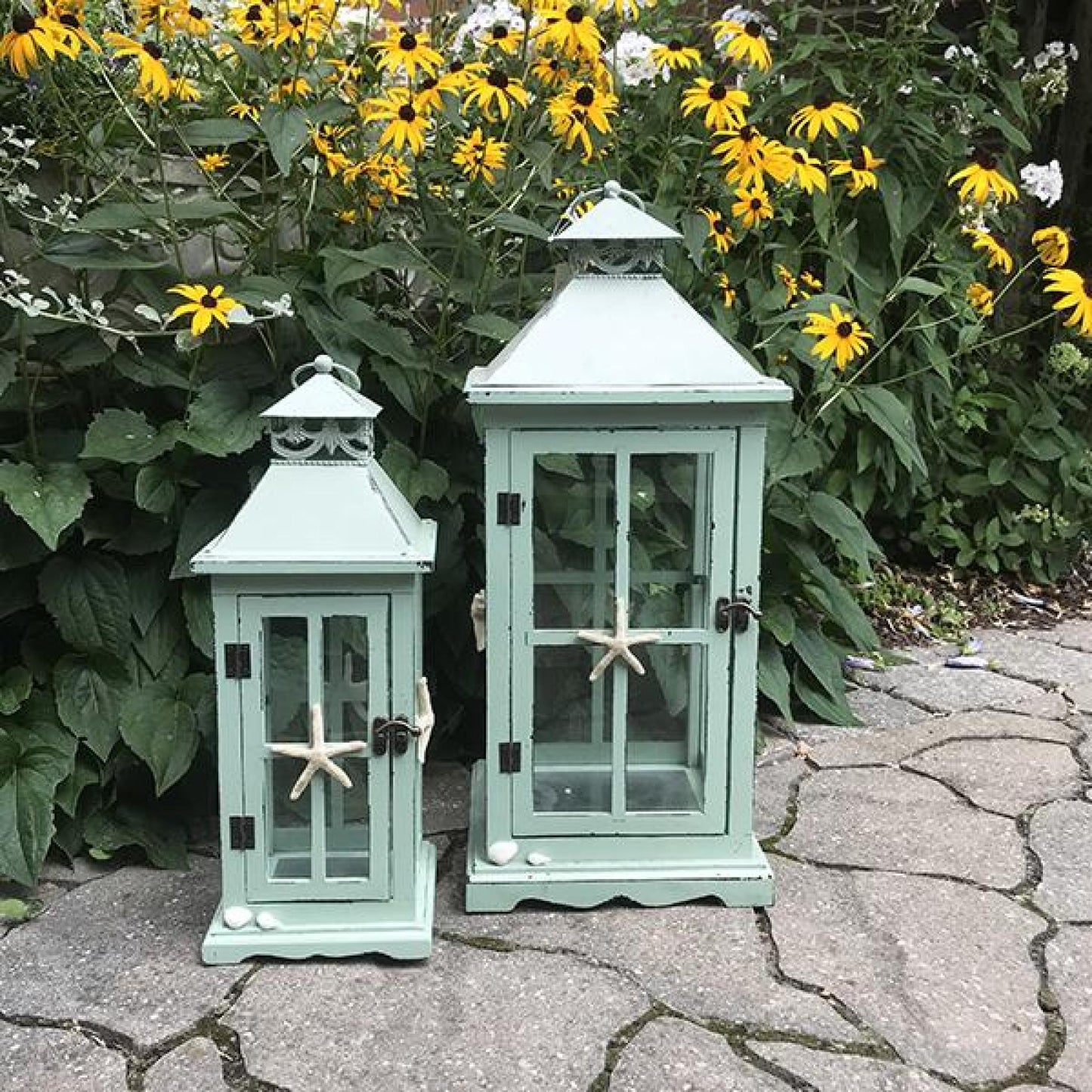 Set Of 2 Wood And Metal With Starfish Decorations Lanterns