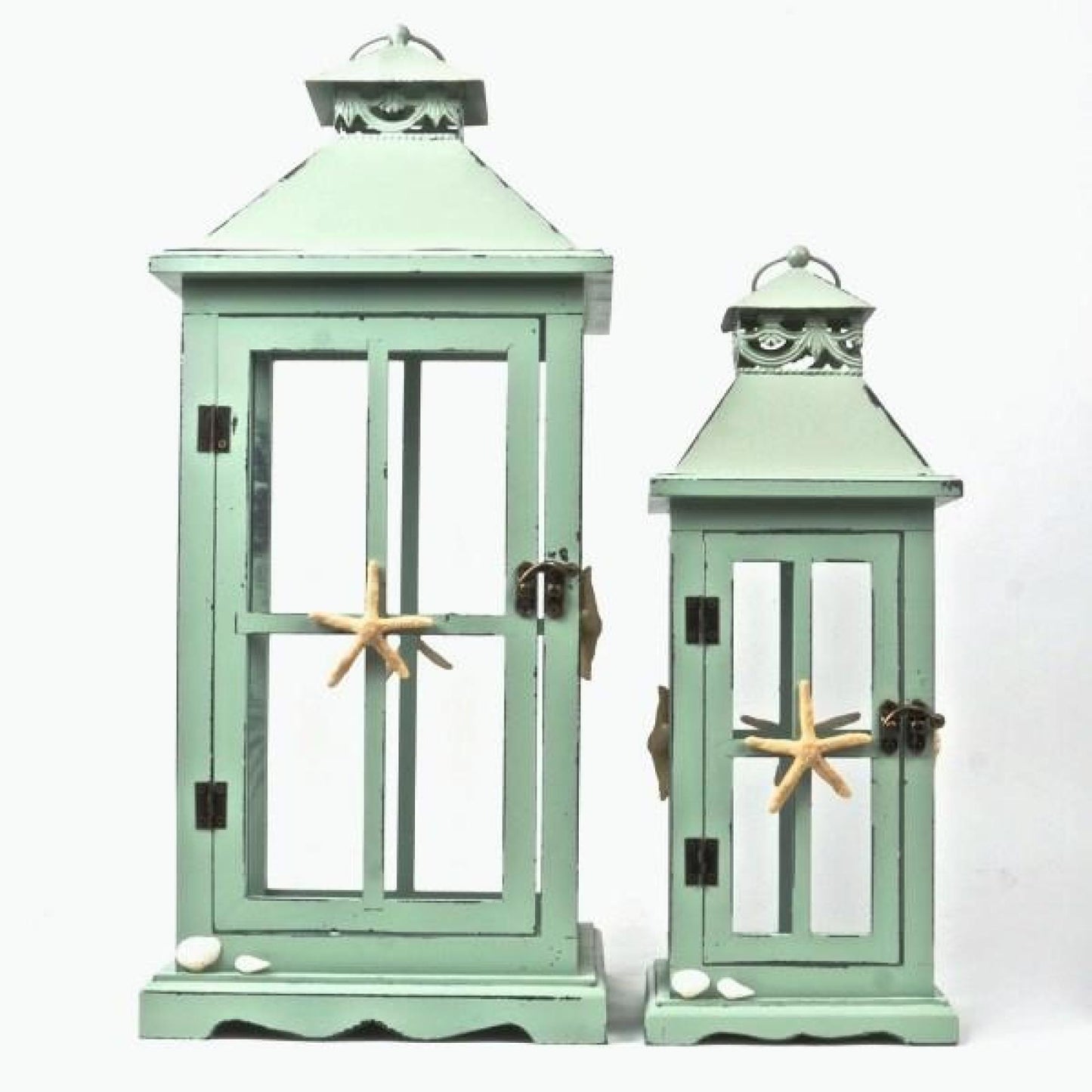 Set Of 2 Wood And Metal With Starfish Decorations Lanterns