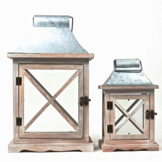 Set Of 2 Washed White On Wood And Gray Metal Lanterns