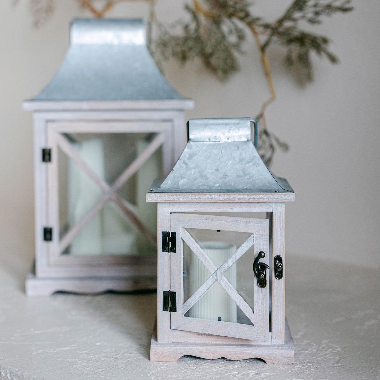 Set Of 2 Washed White On Wood And Gray Metal Lanterns