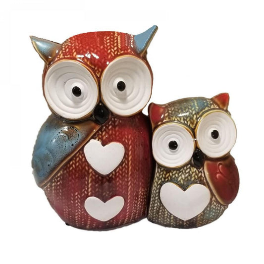 Set Of 2 Owl And Owlet In Sweaters With Heart Designs Figurine