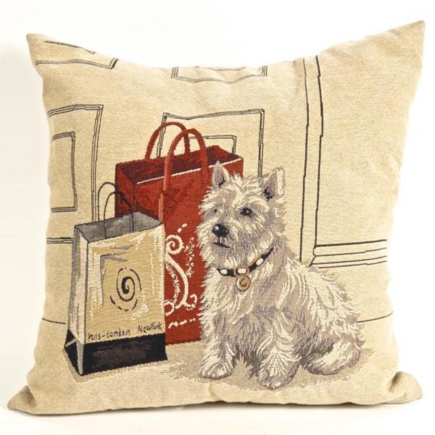 Fluffy Puppy With Shopping Bags Cushion Cover