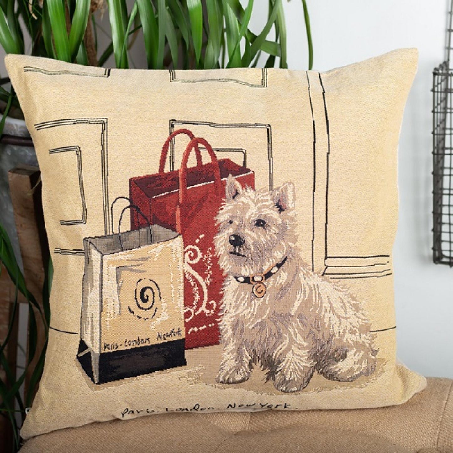 Fluffy Puppy With Shopping Bags Cushion Cover