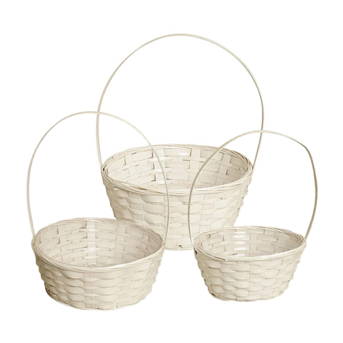 Set Of 3 White Round Long Handed Bamboo Baskets