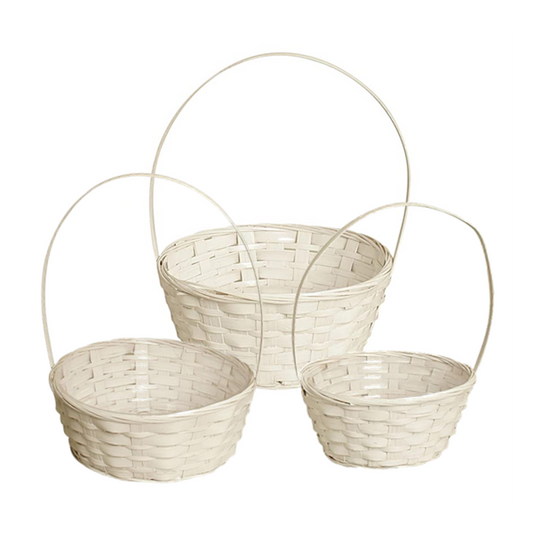 Set Of 3 White Round Long Handed Bamboo Baskets