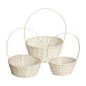 Set Of 3 White Round Long Handed Bamboo Baskets